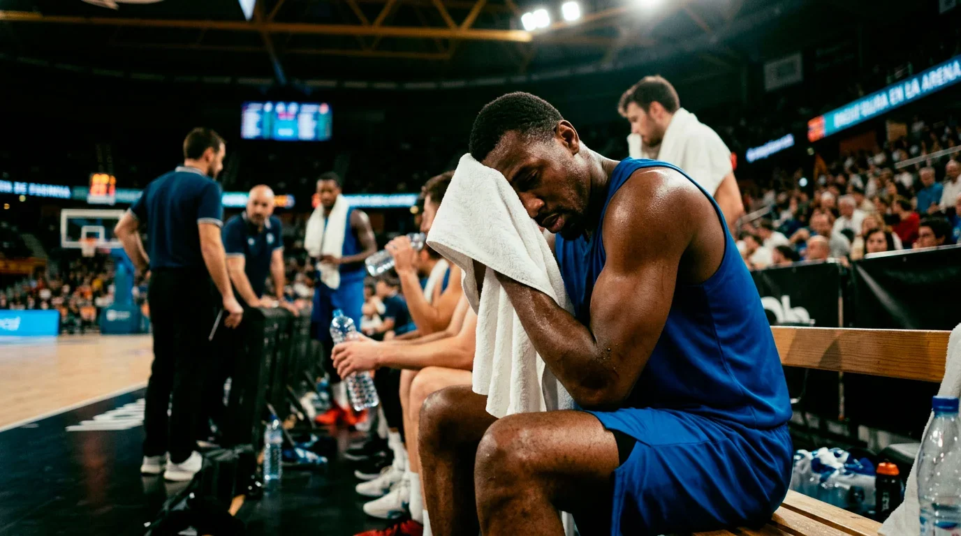 Jugador de baloncesto profesional sentado en el banquillo secándose el sudor durante un descanso